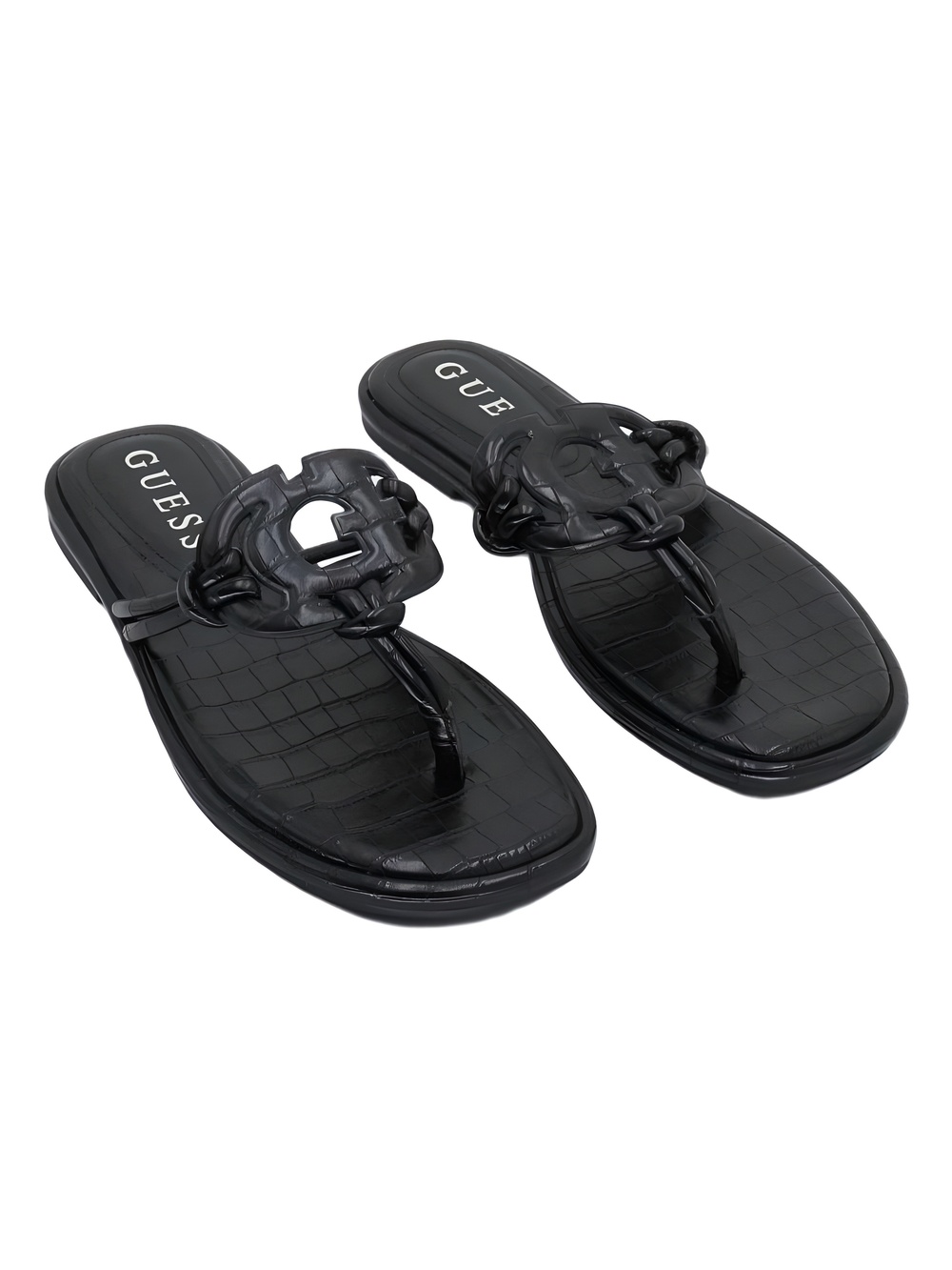 GUESS Womens Saime Black Croco Embellished Thong Sandals Size 8